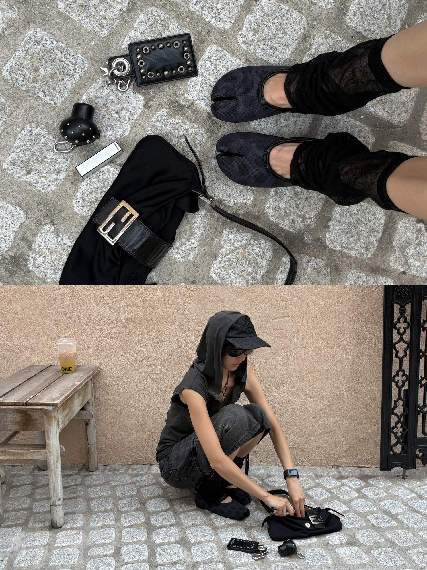 Odlyworkshop Slim Fit Sleevless Hoodie Ash, Vacant Archive Conny Wallet Keyring Black 착용 스타일 - 1