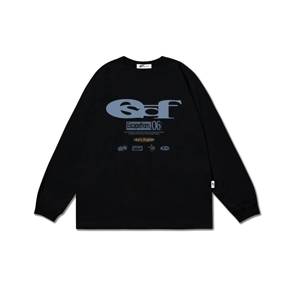 이스케이프프롬 애쉬 블루 ESCF 로고 콜라주 프린트 롱슬리브 올 블랙(Escapefrom Ash Blue ESCF Logo Collage Print Long Sleeve All Black) - 1