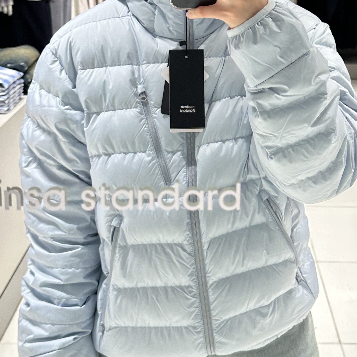 Musinsa Standard City Leisure Hooded Light Down Jacket Cloudy Blue 착용 스타일