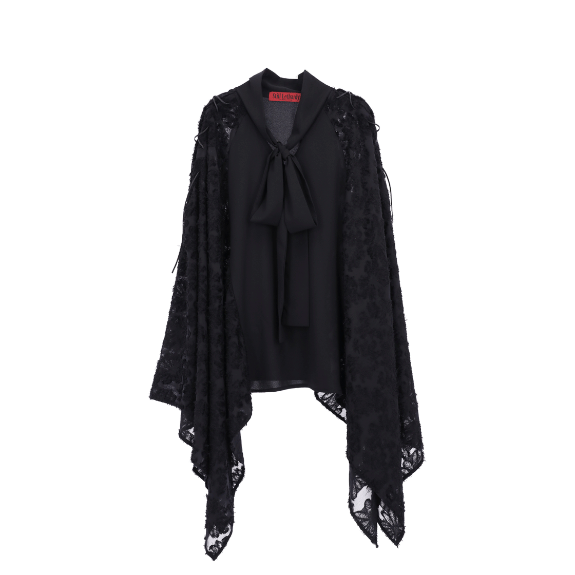 SL25FWBL01BK Still Lethardy Ribbon Tie Cape Blouse Black