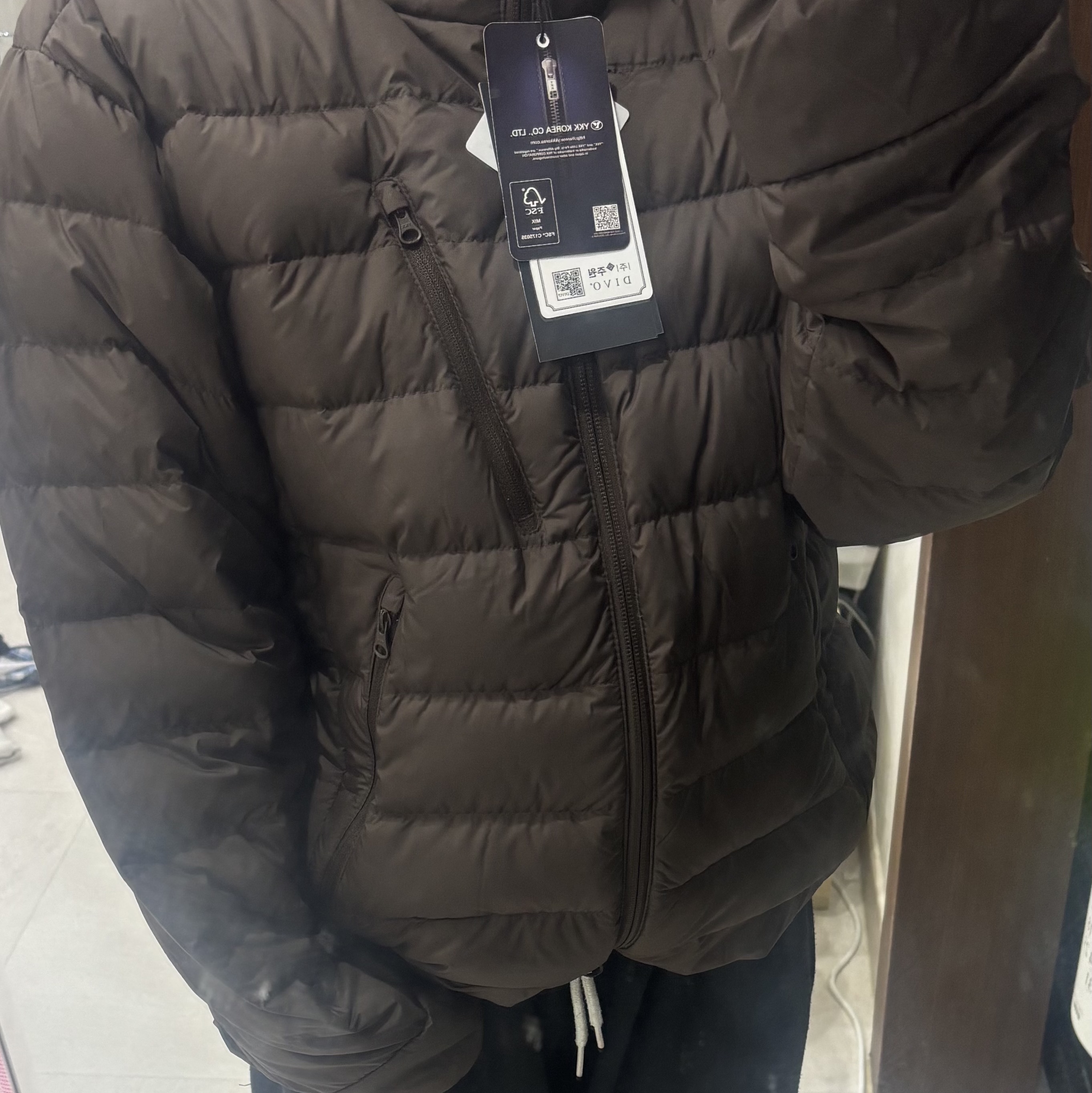 Musinsa Standard City Leisure Hooded Light Down Jacket Brown 착용 스타일