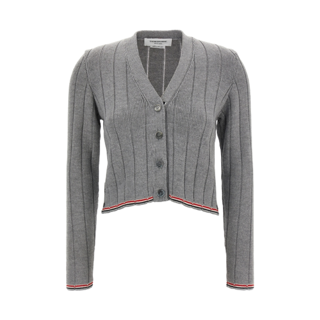 FKC663A-Y1024-055 (W) Thom Browne Merino Wool V-Neck Cardigan Light Grey