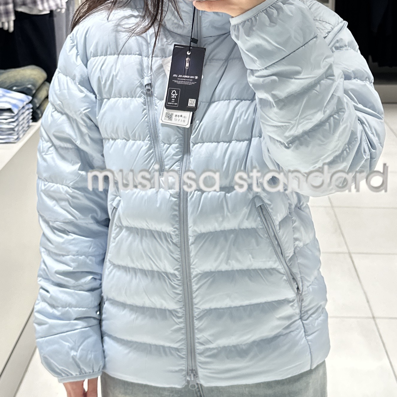 Musinsa Standard City Leisure Hooded Light Down Jacket Cloudy Blue 착용 스타일