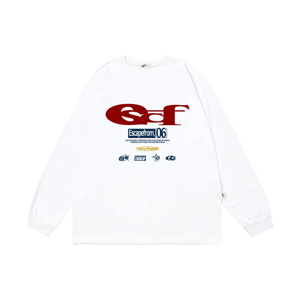 E242LS052WH Escapefrom Red ESCF Logo Collage Print Long Sleeve White