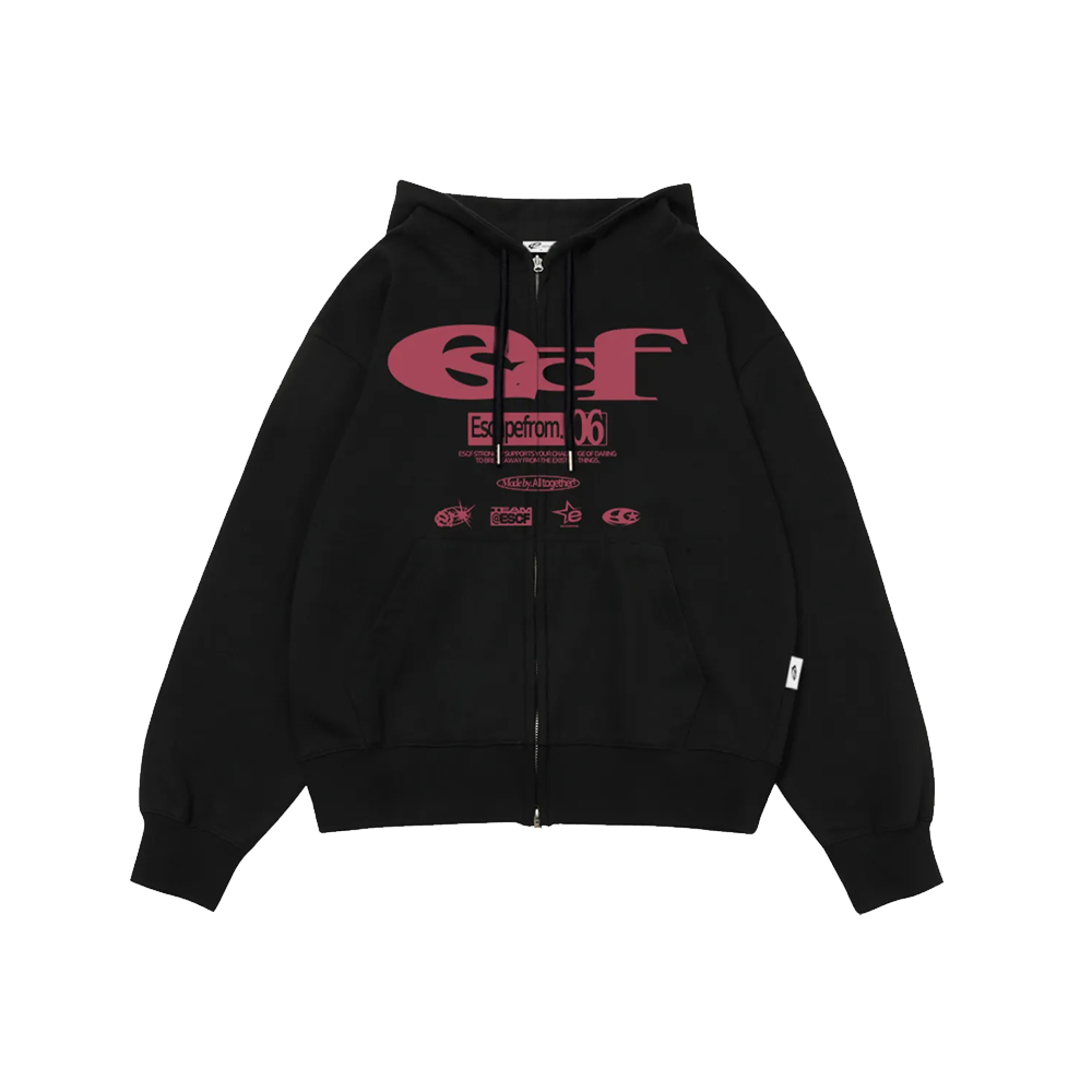 E242HZ011BK Escapefrom ESCF Logo Collage Print Two Way Hooded Zip-up Black