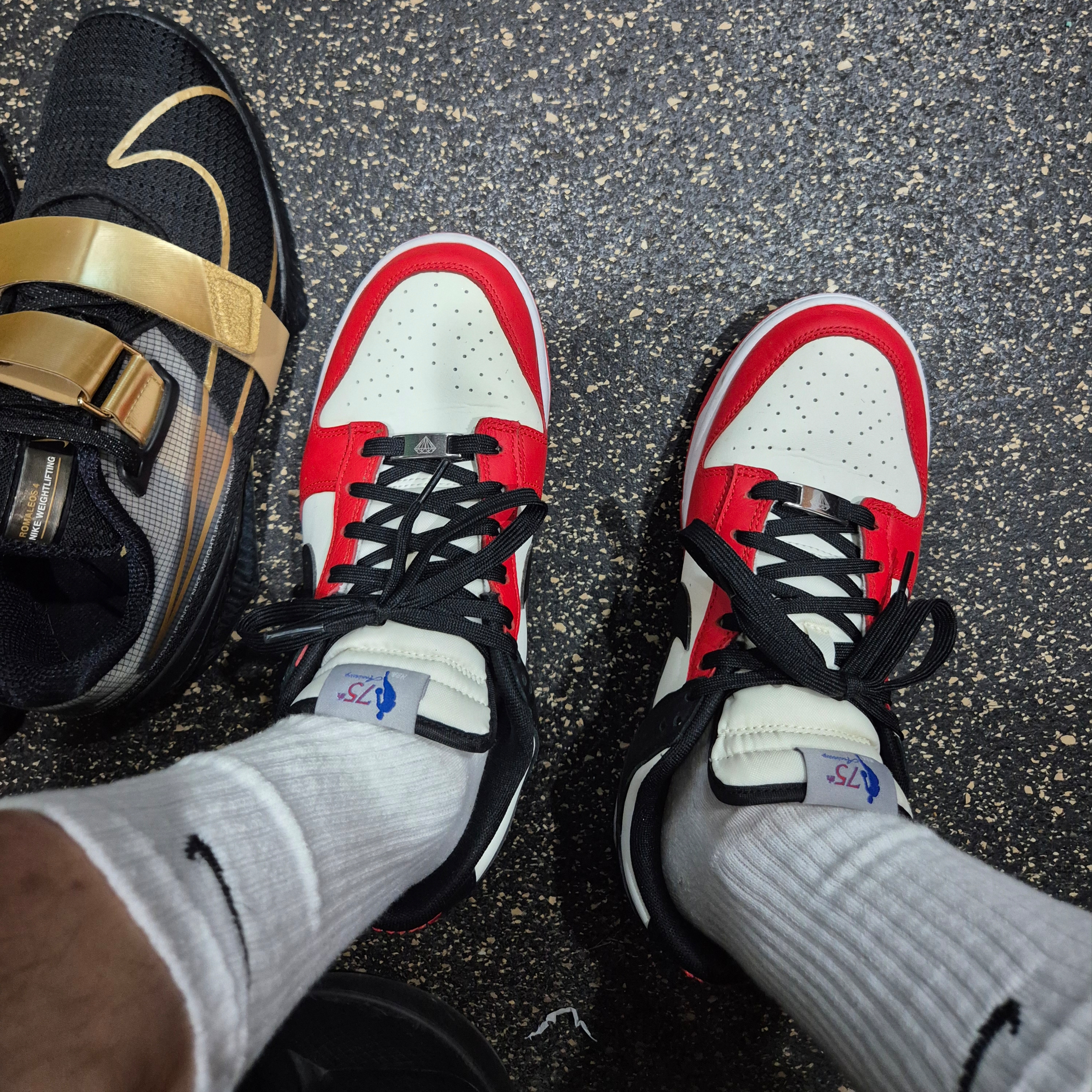 Nike x NBA Dunk Low Retro EMB Black and Chile Red 착용 스타일