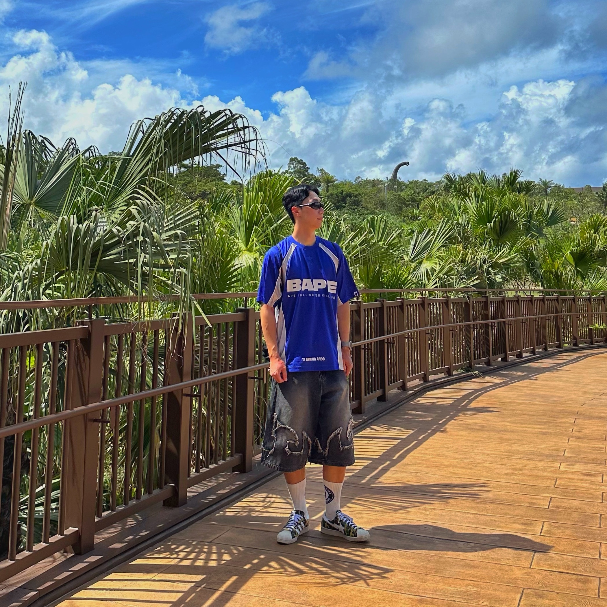 Adidas x BAPE Superstar 80s Green Camo, BAPE Solid Camo Jacquard Multilogo Relaxed Fit Football Jersey Blue 착용 스타일 - 2