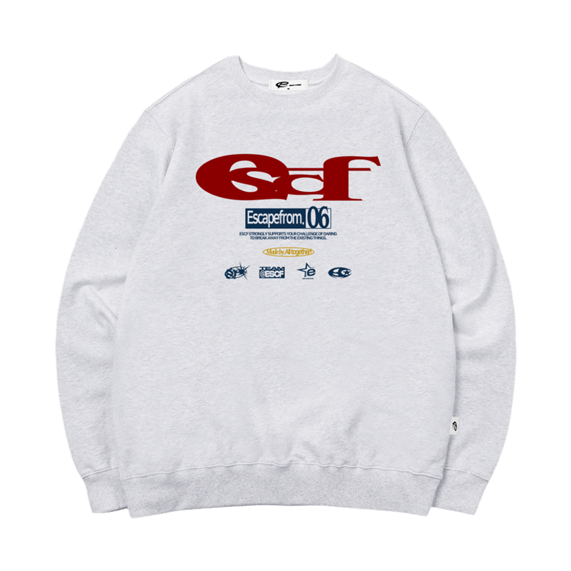 이스케이프프롬 ESCF 로고 콜라주 프린트 맨투맨 화이트 멜란지(Escapefrom ESCF Logo Collage Print Man to Man White Melange) - 1