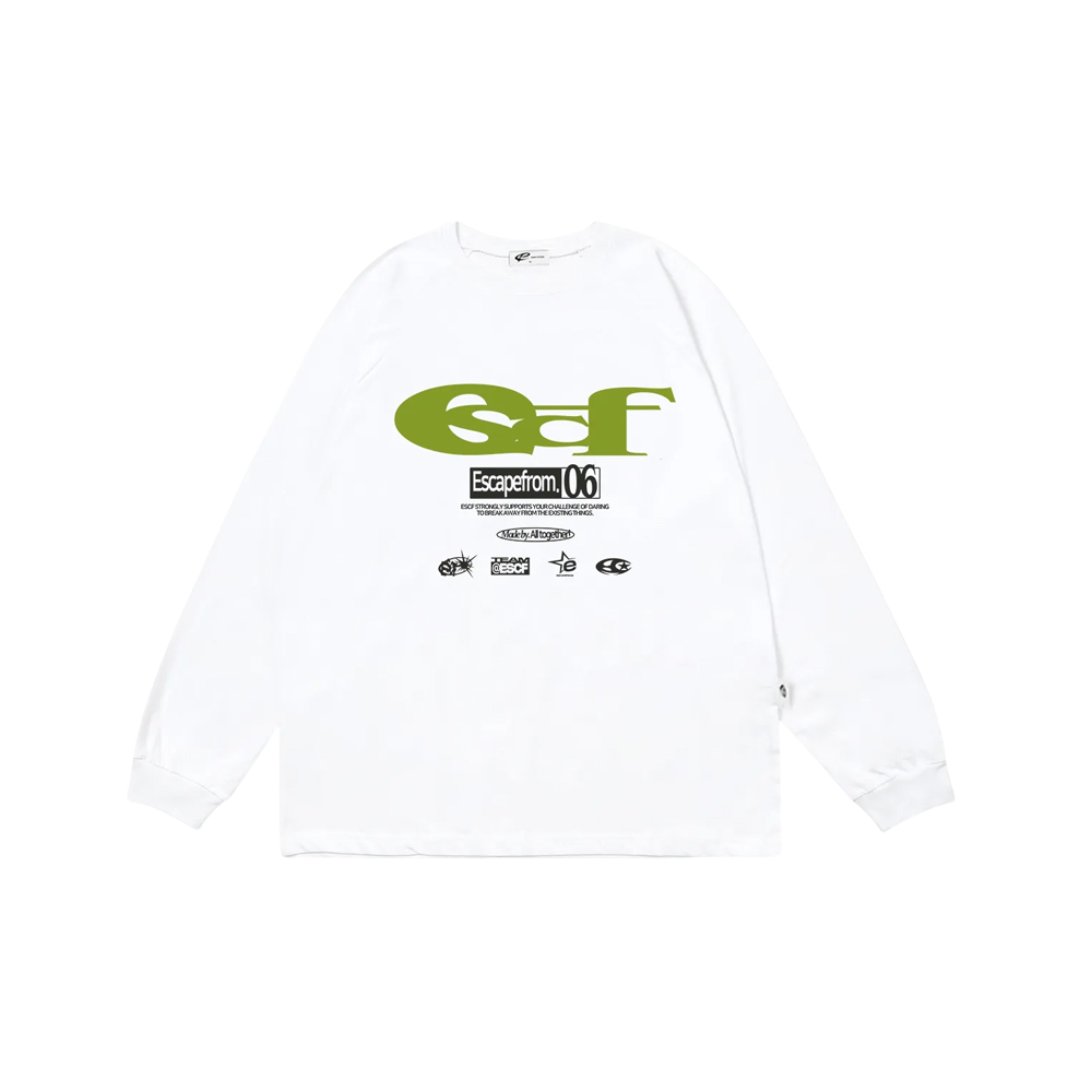 이스케이프프롬 그린 ESCF 로고 콜라주 프린트 롱슬리브 화이트(Escapefrom Green ESCF Logo Collage Print Long Sleeve White) - 1