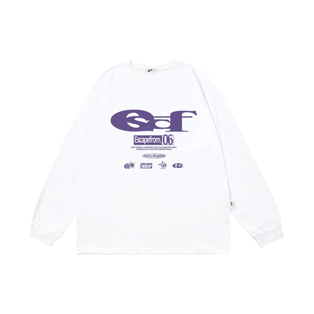 E242LS055WH Escapefrom Purple ESCF Logo Collage Print Long Sleeve White
