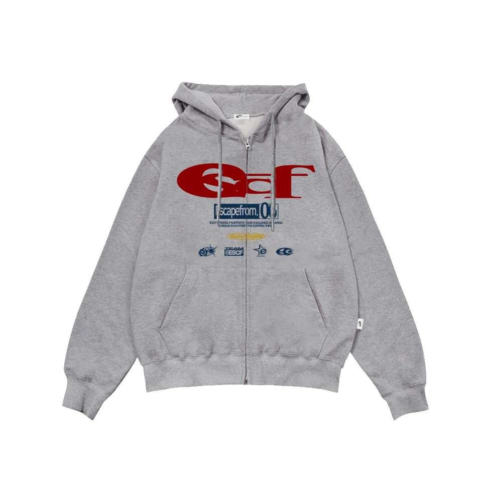 이스케이프프롬 ESCF 로고 콜라주 프린트 투웨이 후드집업 그레이(Escapefrom ESCF Logo Collage Print Two Way Hooded Zip-up Gray) - 1