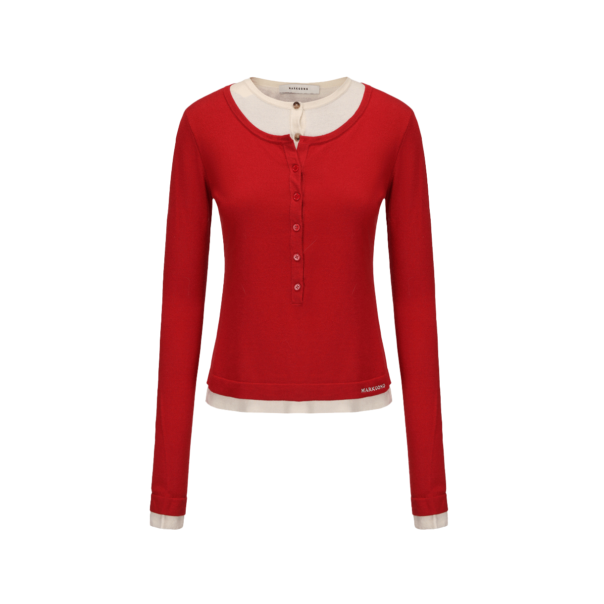 마크공 우먼 더블 레이어 헨리 셔츠 레드 화이트 - 25FW(Markgong Women Double-Layer Henley Shirt Red White - 25FW)