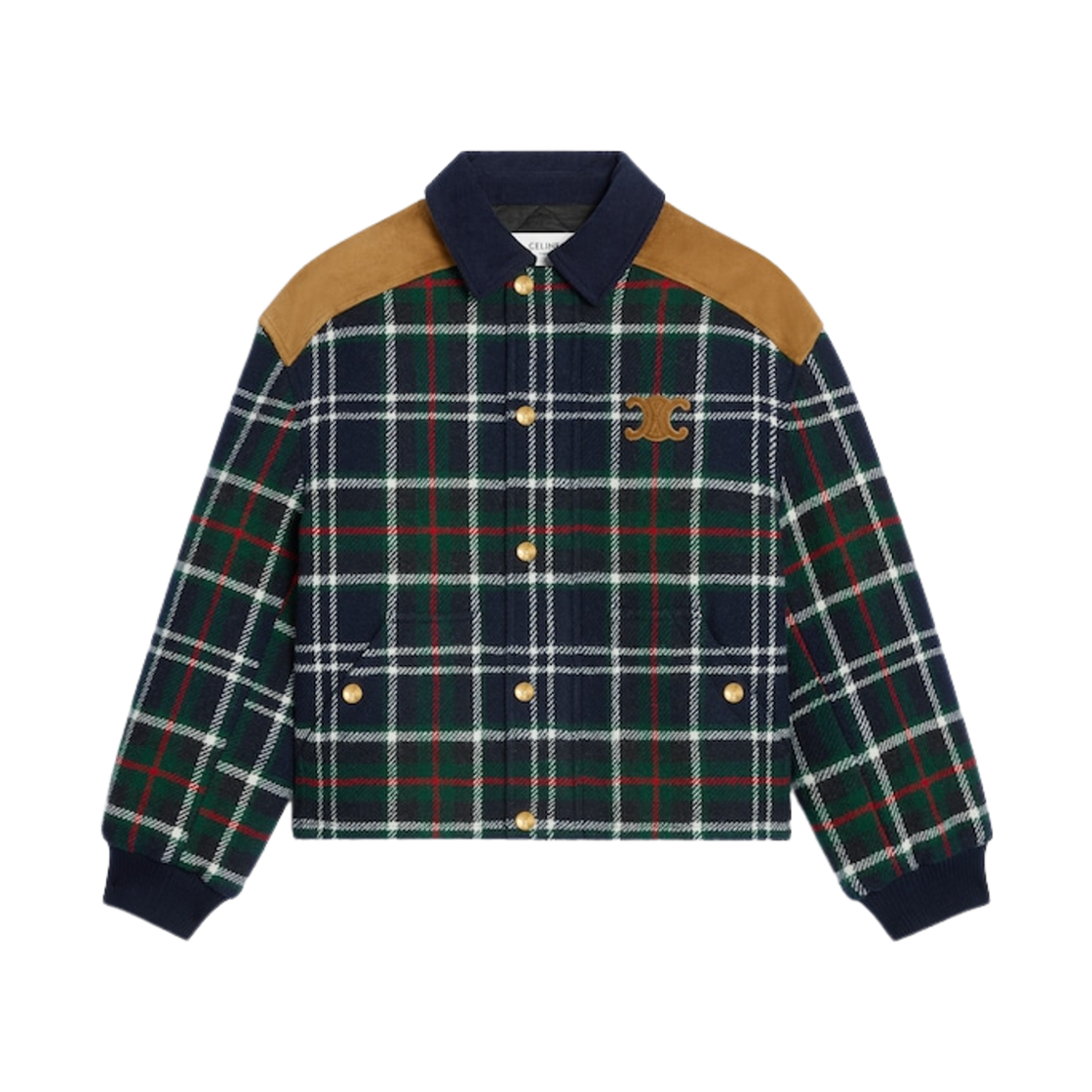 (W) 셀린느 타탄 울 트리옹프 블루종 자켓 네이비 그린((W) Celine Tartan Wool Triomphe Blouson Jacket Navy Green)