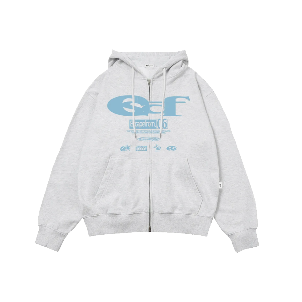 이스케이프프롬 ESCF 로고 콜라주 프린트 투웨이 후드집업 화이트 멜란지(Escapefrom ESCF Logo Collage Print Two Way Hooded Zip-up White Melange) - 1