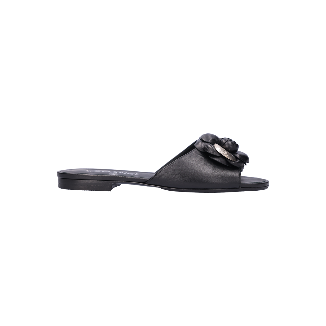 샤넬 블랙 램스킨 까멜리아 슬라이드 38 사이즈(Chanel Camellia Slide in Black Lambskin, Size 38)