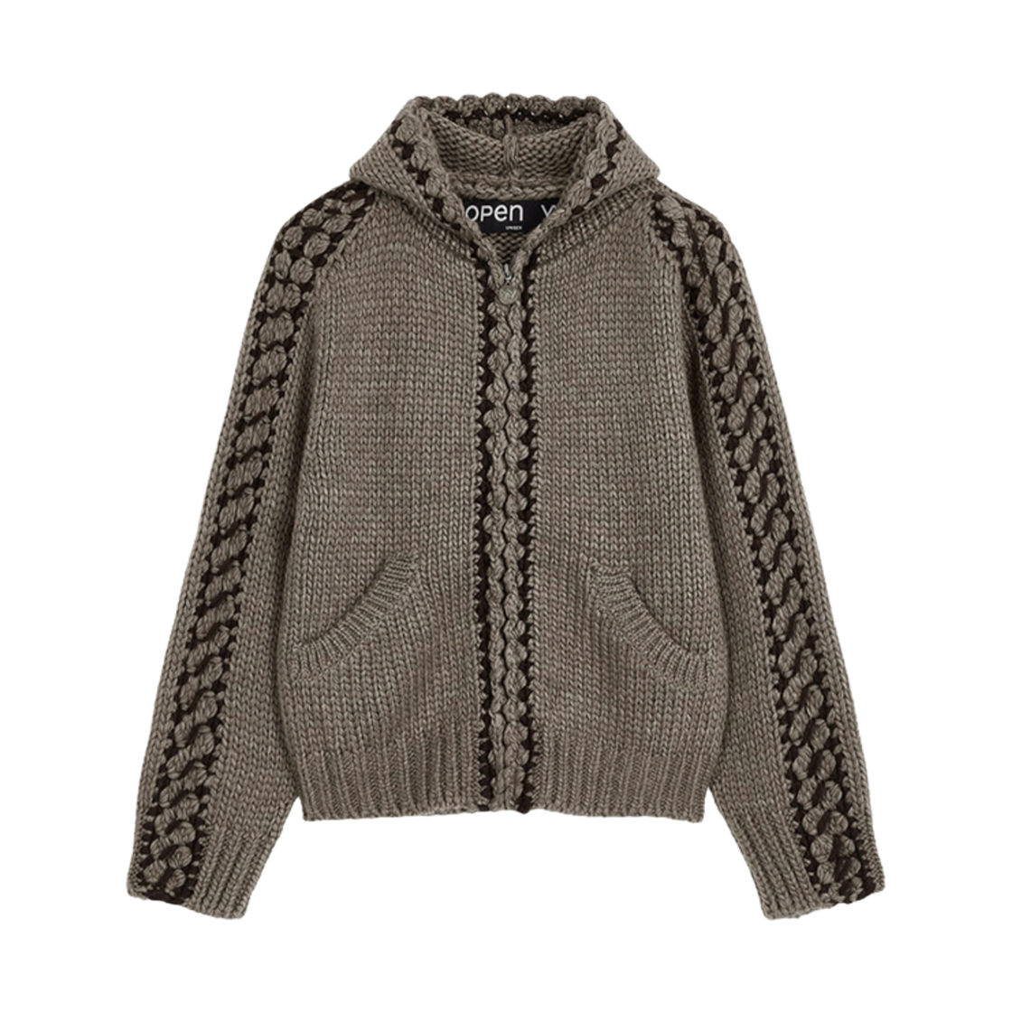 (W) 오픈 Yy 스티치 집업 니트 후드 브라운((W) Open Yy Stitch Zip Up Knit Hoodie Brown)