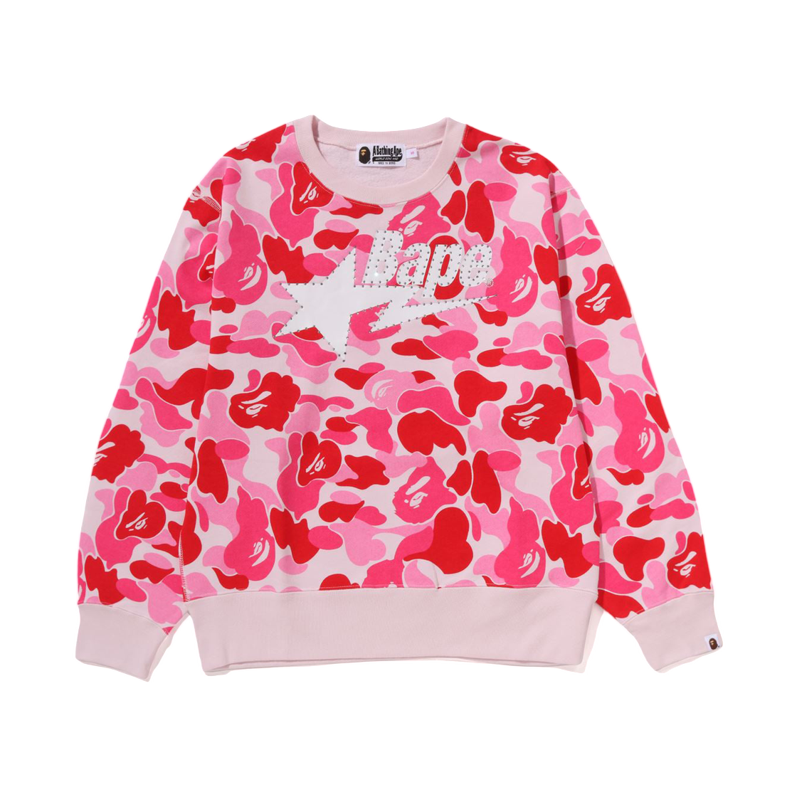 (W) 베이프 180 ABC 카모 라인스톤 베이프 스타 크루넥 스웨트셔츠 핑크((W) BAPE 180 ABC Camo Rhinestone Bape sta Crewneck Sweatshirt Pink) - 1
