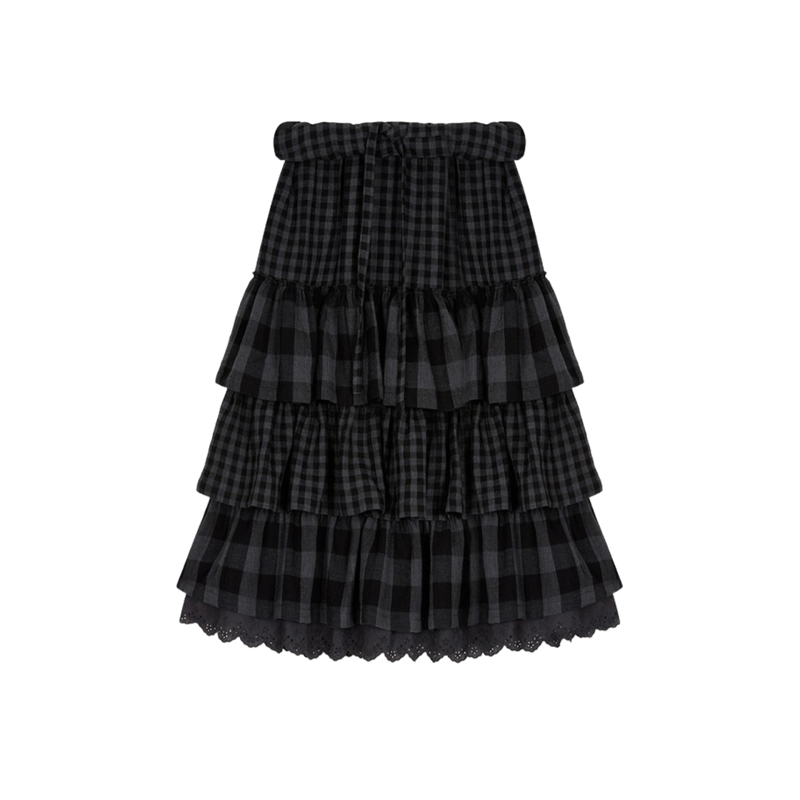 (W) 오픈 Yy 롤드 웨이스트 티어드 미디 스커트 블랙((W) Open Yy Rolled Waist Tiered Midi Skirt Black)