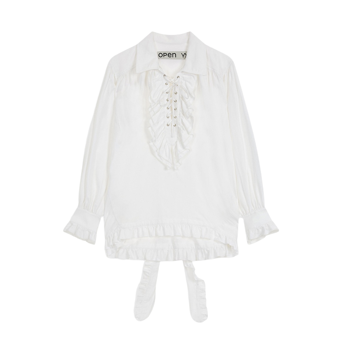 (W) 오픈 Yy 러플 트림 블라우스 화이트((W) Open Yy Ruffle Trim Blouse White)