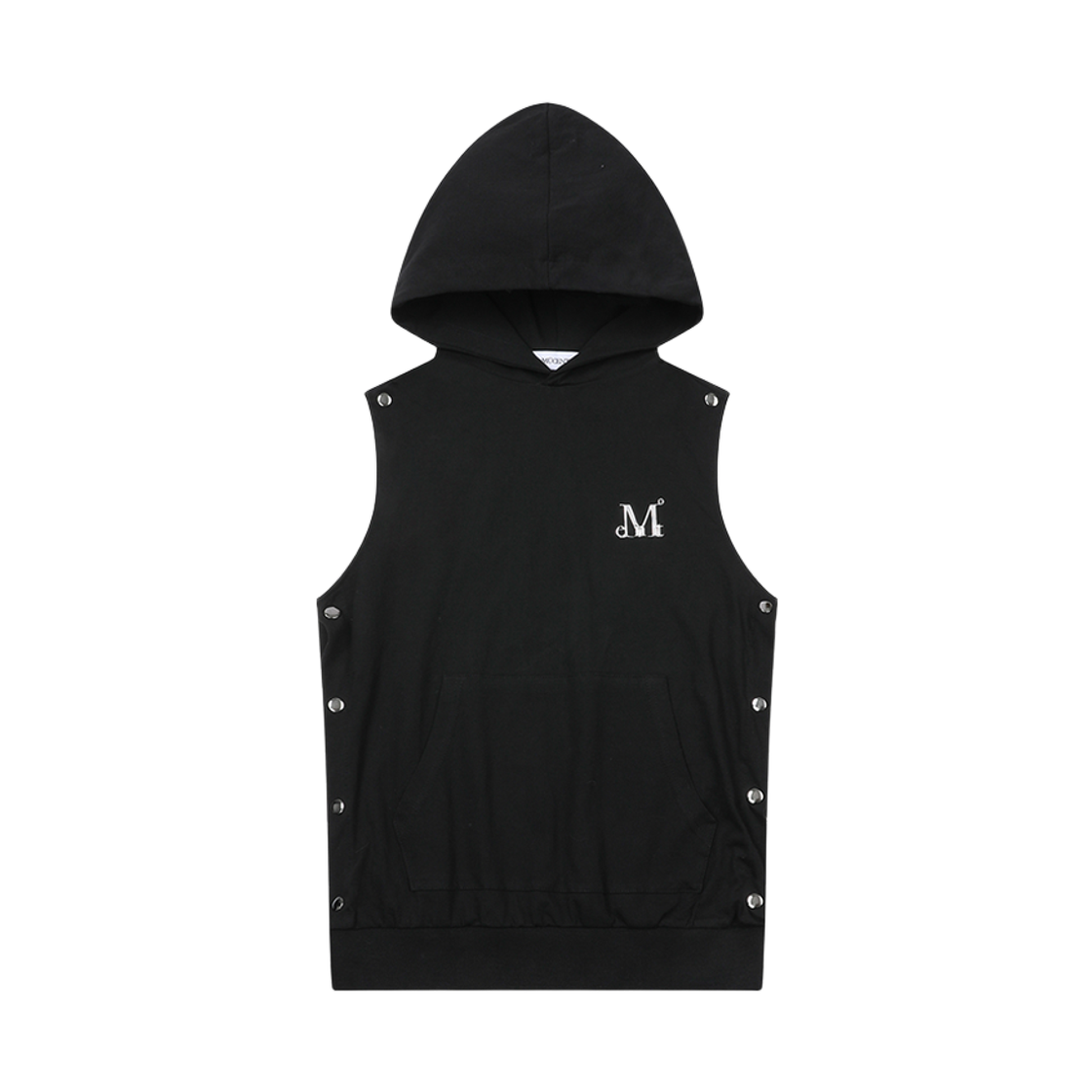 P0000BDC MUCENT Dr Metal Logo Back Round Side Snap Hood Sleeveless Black