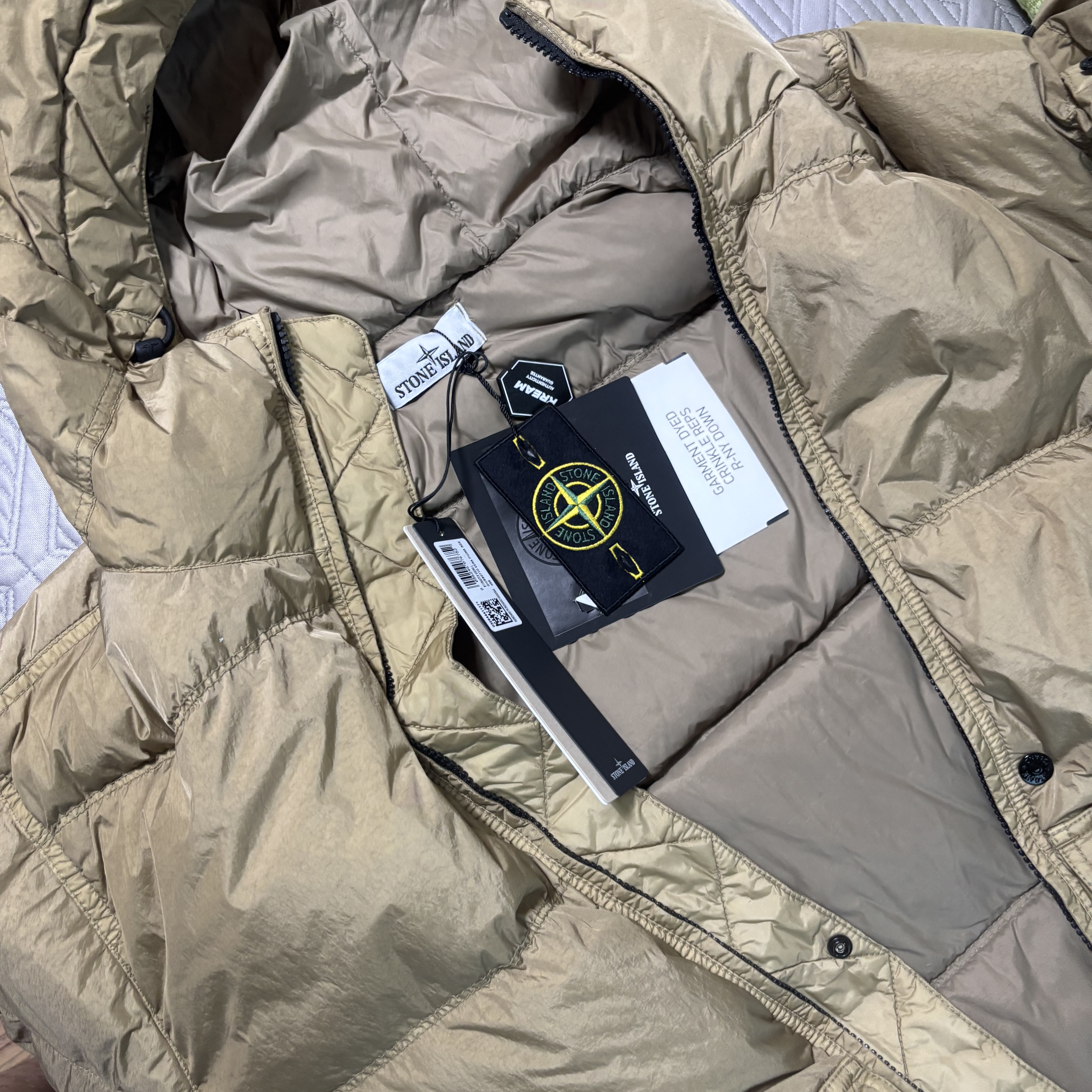 Stone Island 40723 Crinkle Reps Hooded Down Jacket Biscuit - 24FW 착용 스타일