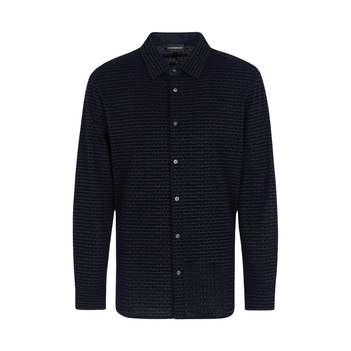 엠포리오 아르마니 ASV 올오버 플록드 로고 레터링 리오셀 블렌드 저지 셔츠 네이비 블루(Emporio Armani ASV Lyocell Blend Jersey Shirt with Allover Flocked Logo Lettering Navy Blue) - 1