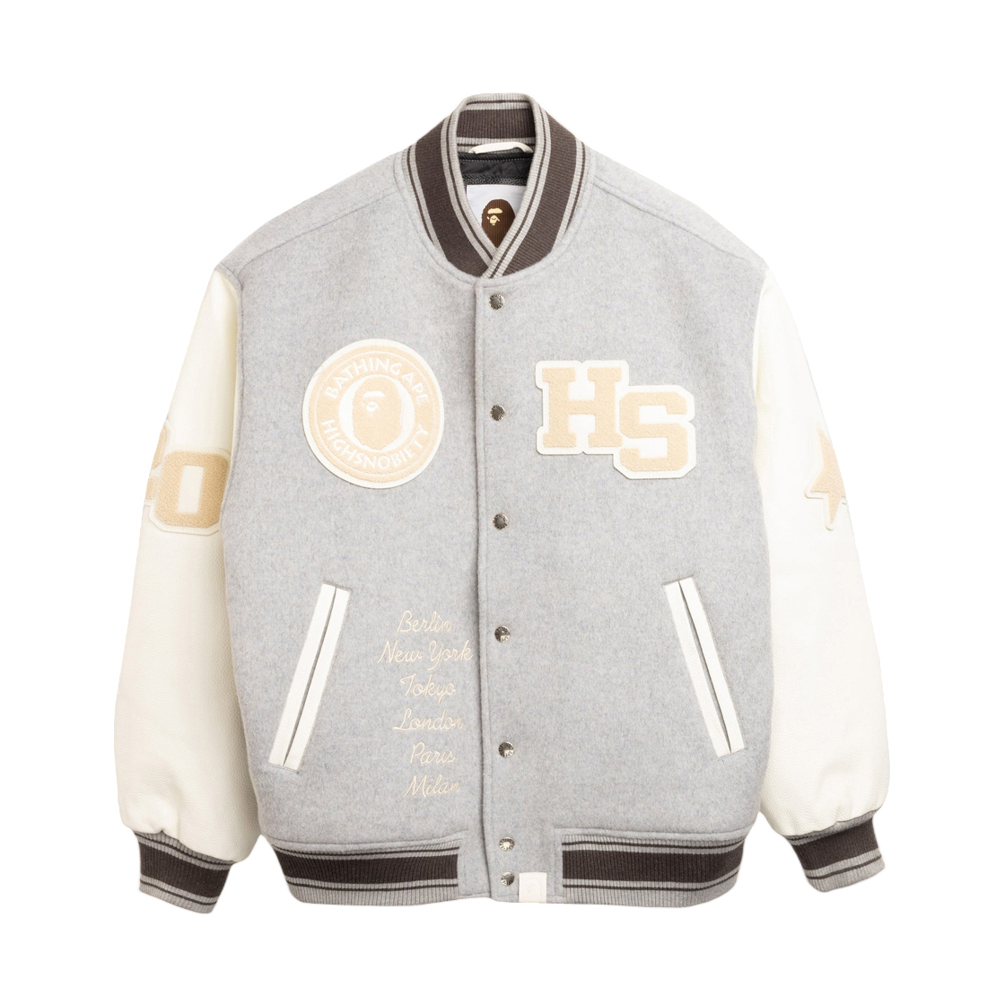베이프 x 하이스노비티 멀티 로고 바시티 자켓 그레이(BAPE x Highsnobiety Multi Logo Varsity Jacket Gray) - 1