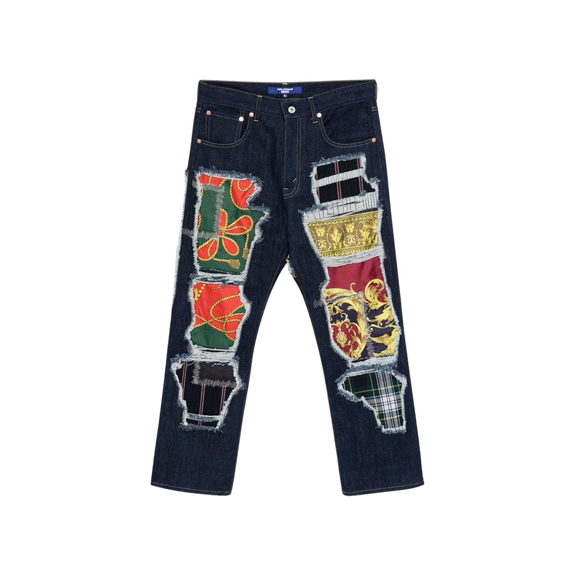 WO-P044-051 Junya Watanabe Denim Silk Scarf Patchwork Jeans Indigo