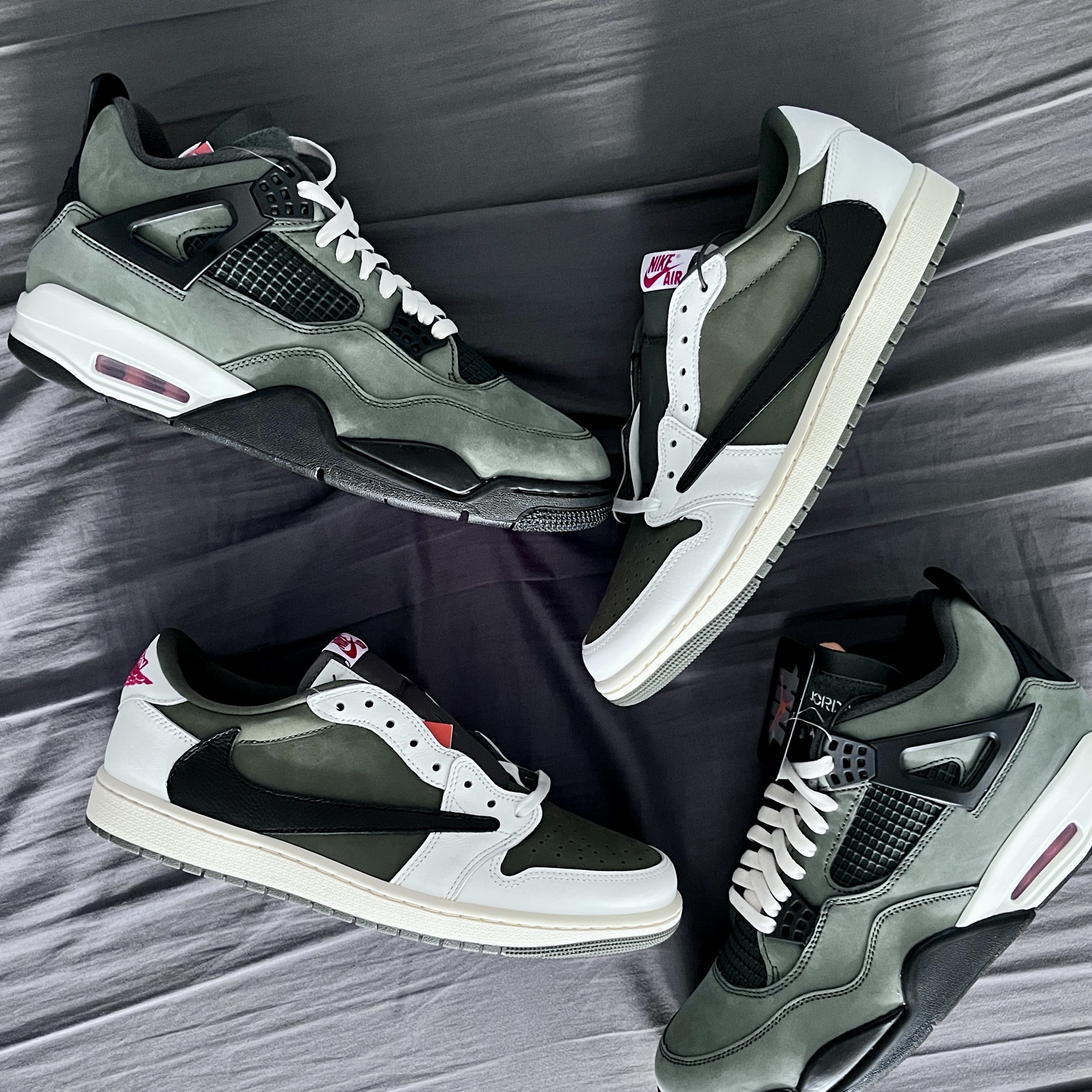 Jordan 4 x Undefeated Retro OG SP Deep Green and Clementine, Jordan 1 x Travis Scott Retro Low OG SP Reverse Olive 착용 스타일
