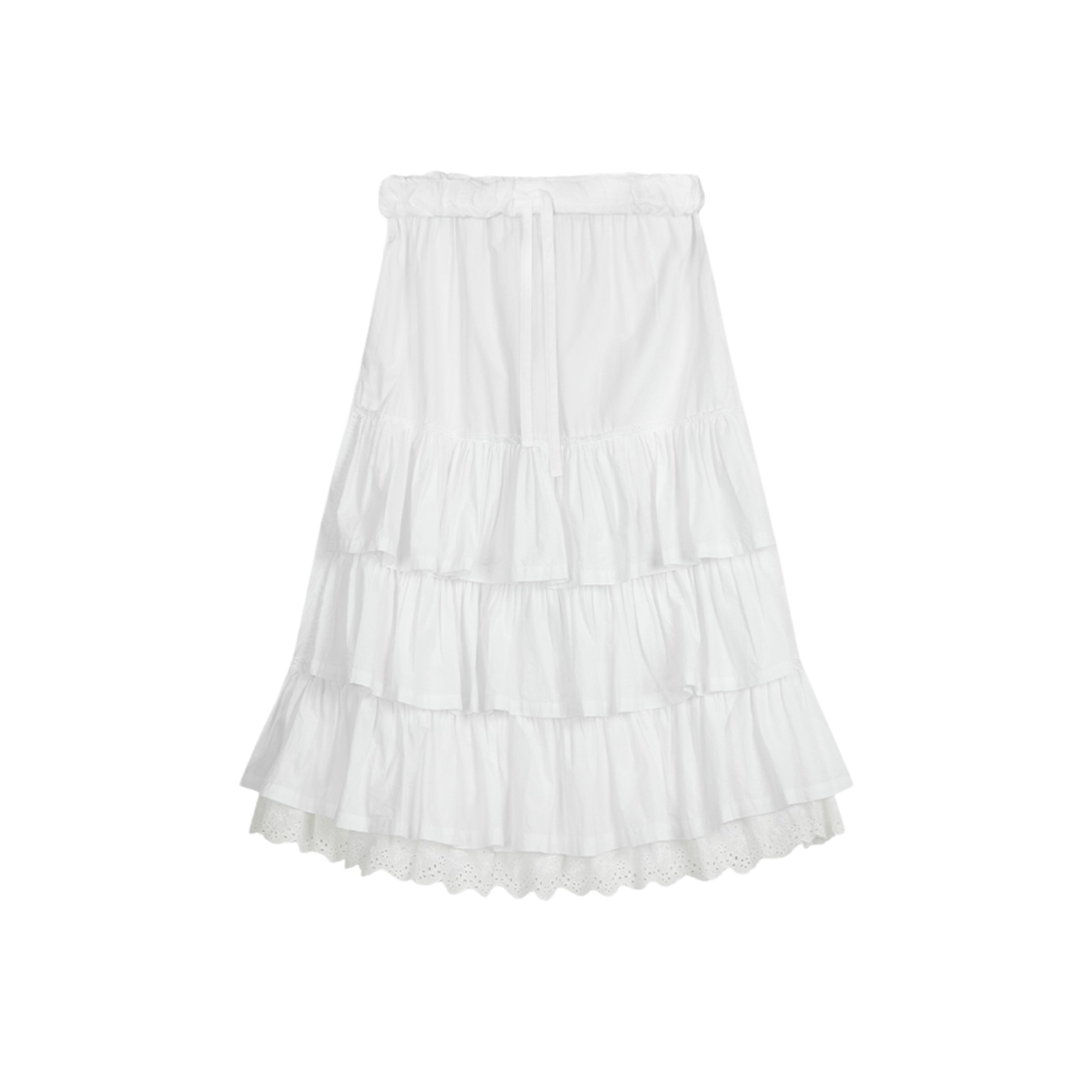 (W) 오픈 Yy 롤드 웨이스트 티어드 미디 스커트 화이트((W) Open Yy Rolled Waist Tiered Midi Skirt White)