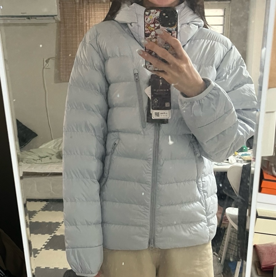 Musinsa Standard City Leisure Hooded Light Down Jacket Cloudy Blue 착용 스타일 - 1