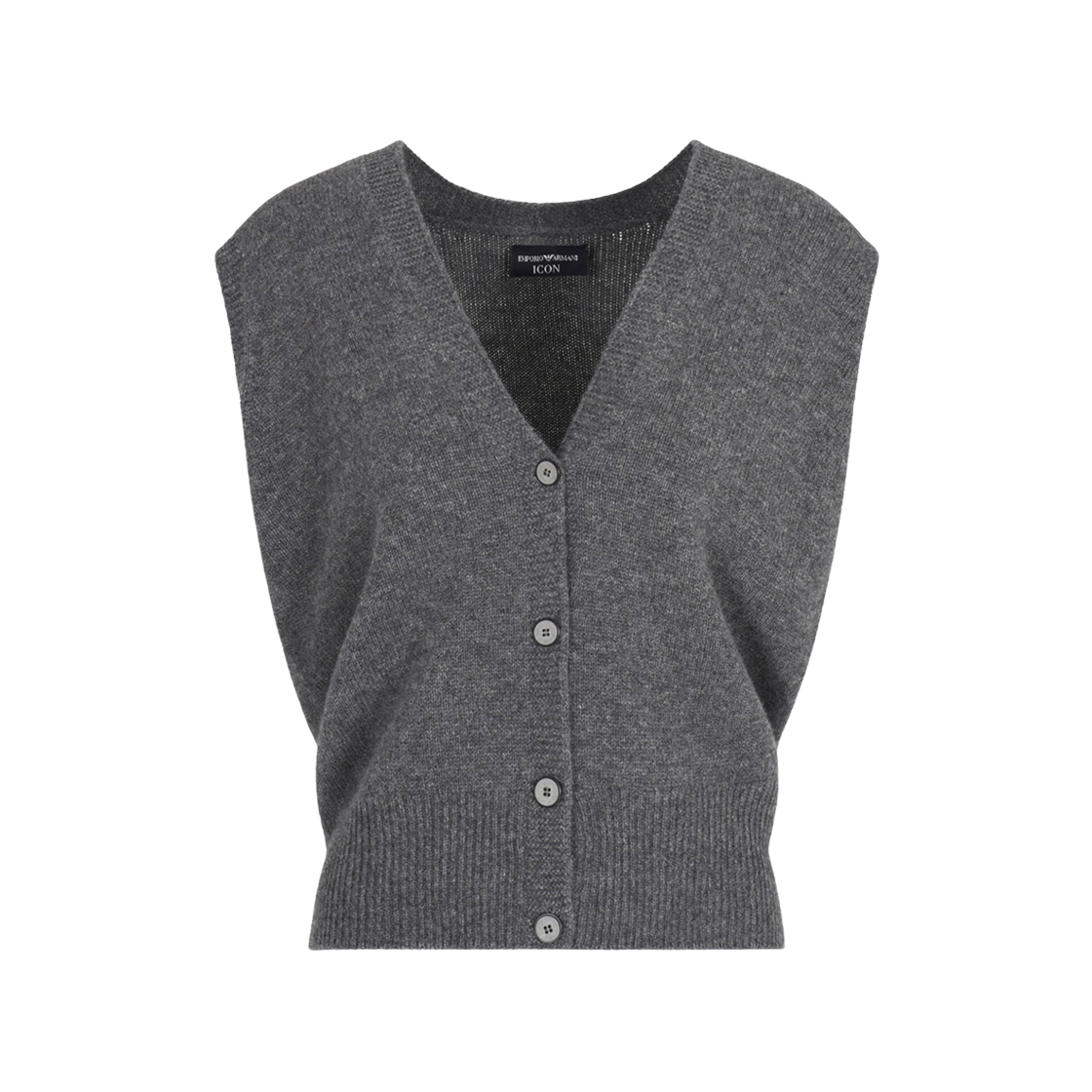 (W) 엠포리오 아르마니 플레인 니트 캐시미어 아이콘 싱글 브레스트 웨이스트코트 그레이((W) Emporio Armani Icon Single Breasted Waistcoat in Plain Knit Cashmere Grey) - 1