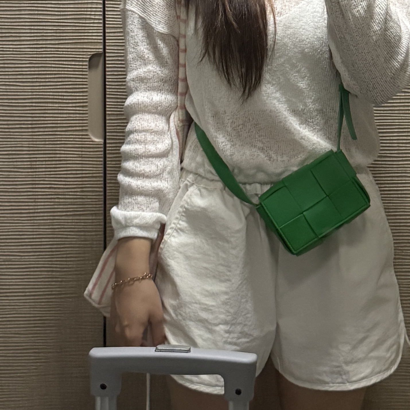 Bottega Veneta Mini Leather Cassette Parakeet 착용 스타일 - 2
