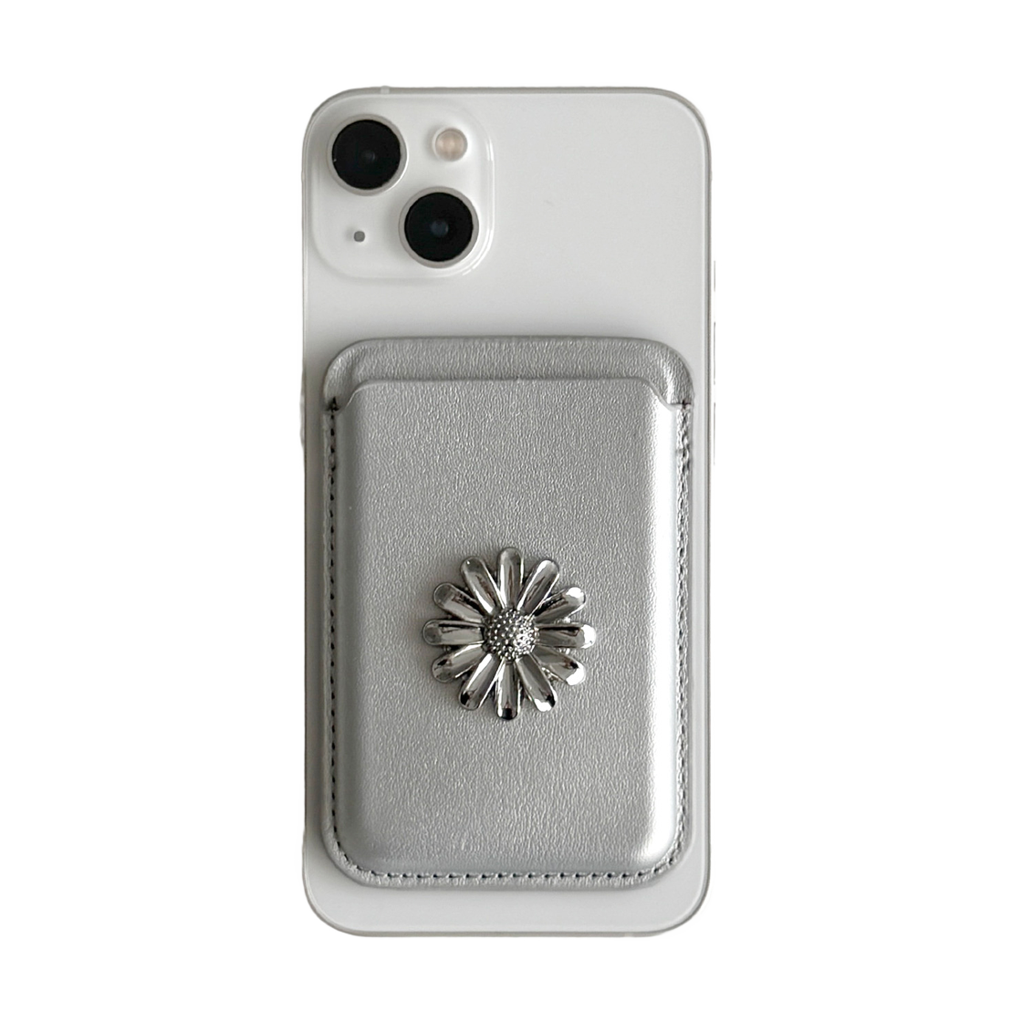 L11E8461409 LE MASQUE Daisy Magnetic Leather Card Wallet Silver