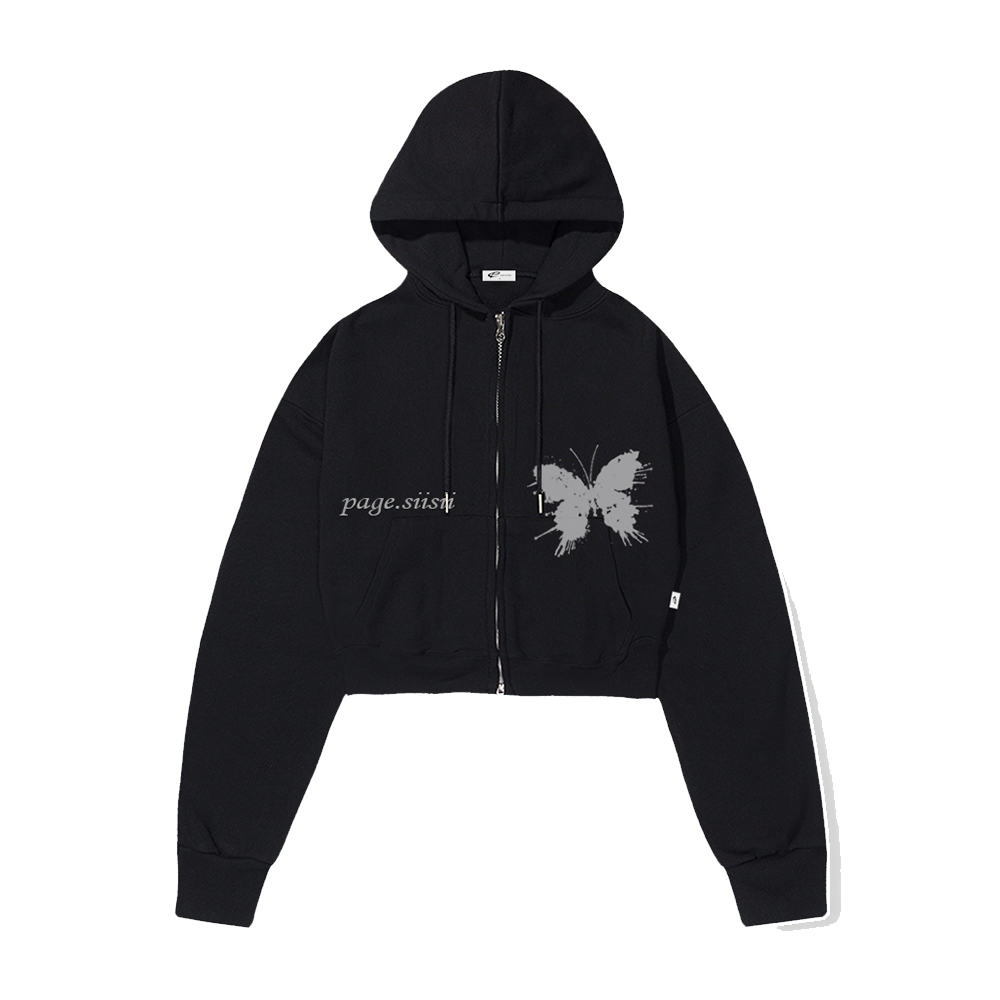 페이지시시 섀도우 버터플라이 프린트 크롭 후드집업 블랙(pagesiisii Shadow Butterfly Print Crop Hooded Zip-up Black) - 1