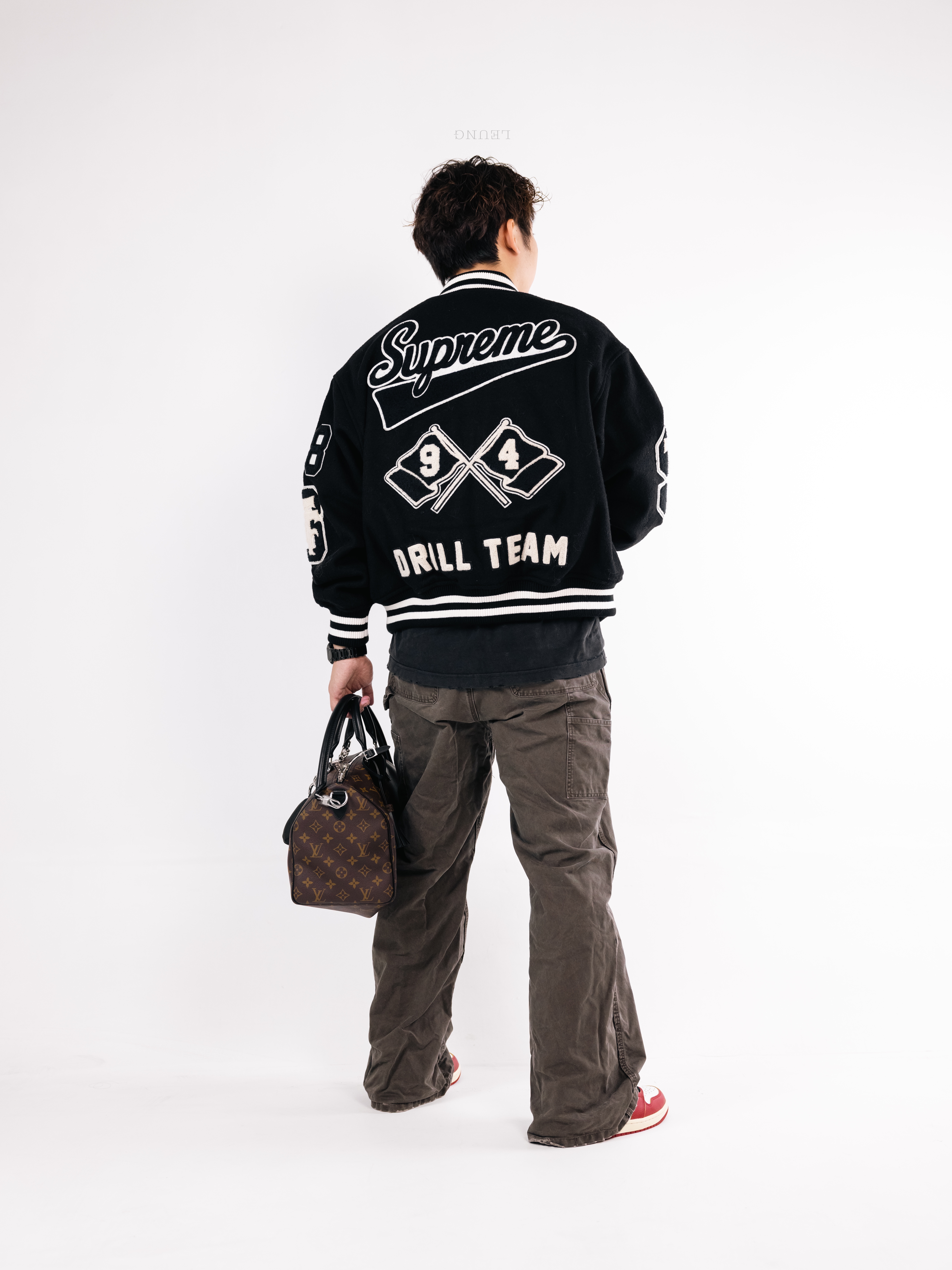 Supreme Drill Team Varsity Jacket Black - 25FW, Louis Vuitton Speedy Soft 30 Dark Monogram Black 착용 스타일 - 2