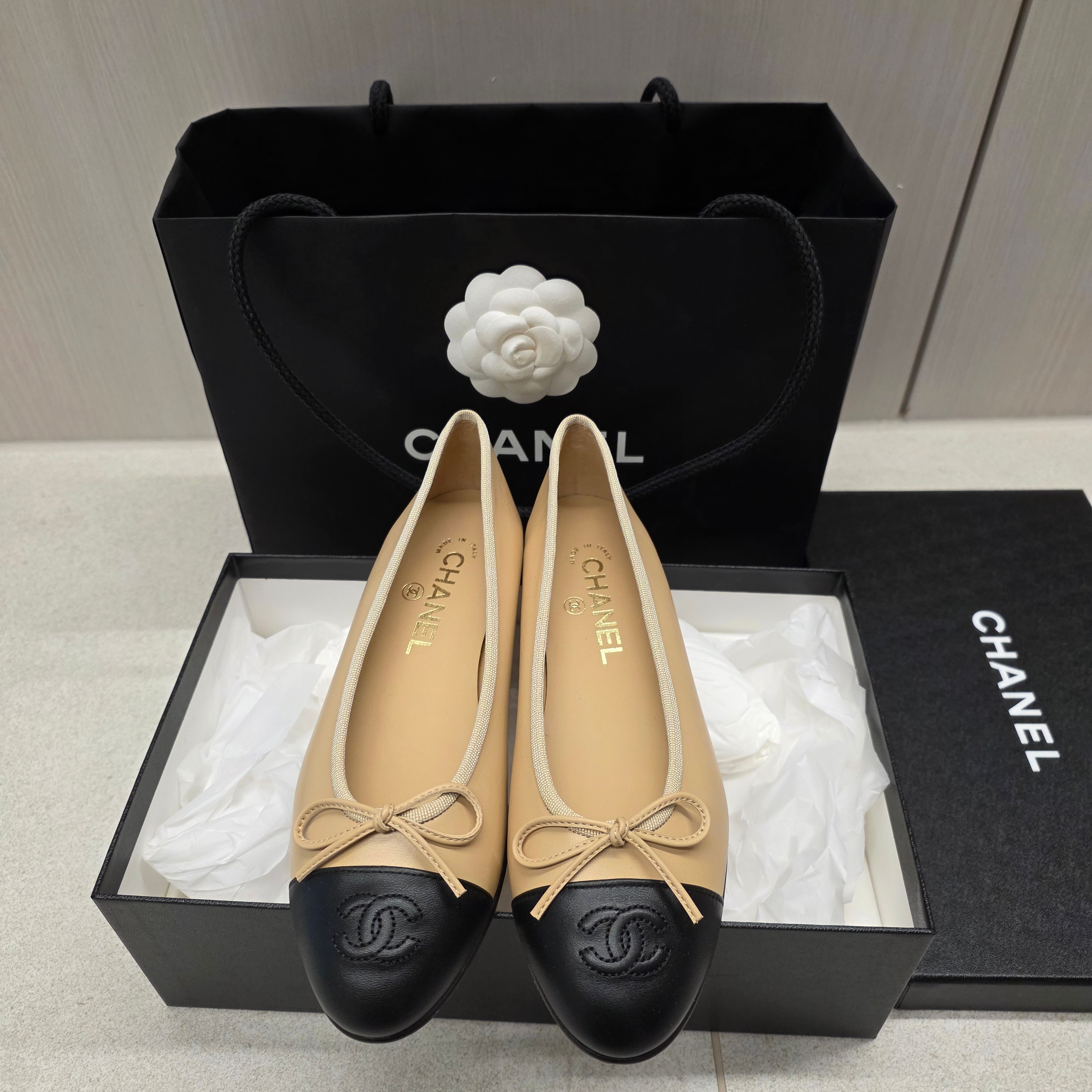 (W) Chanel Ballerina Flat Lambskin & Beige Black 착용 스타일