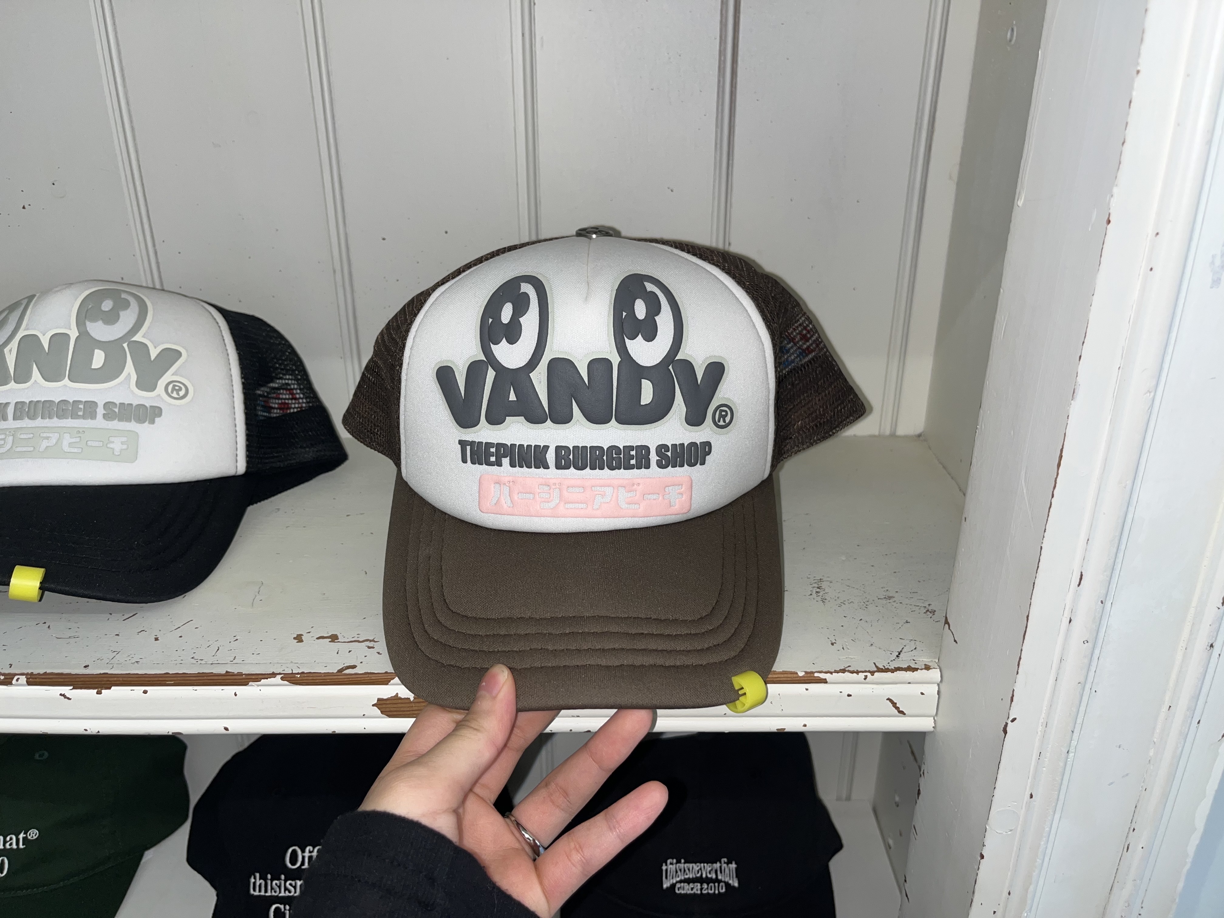 Vandy The Pink Eye Logo Trucker Hat Brown 착용 스타일