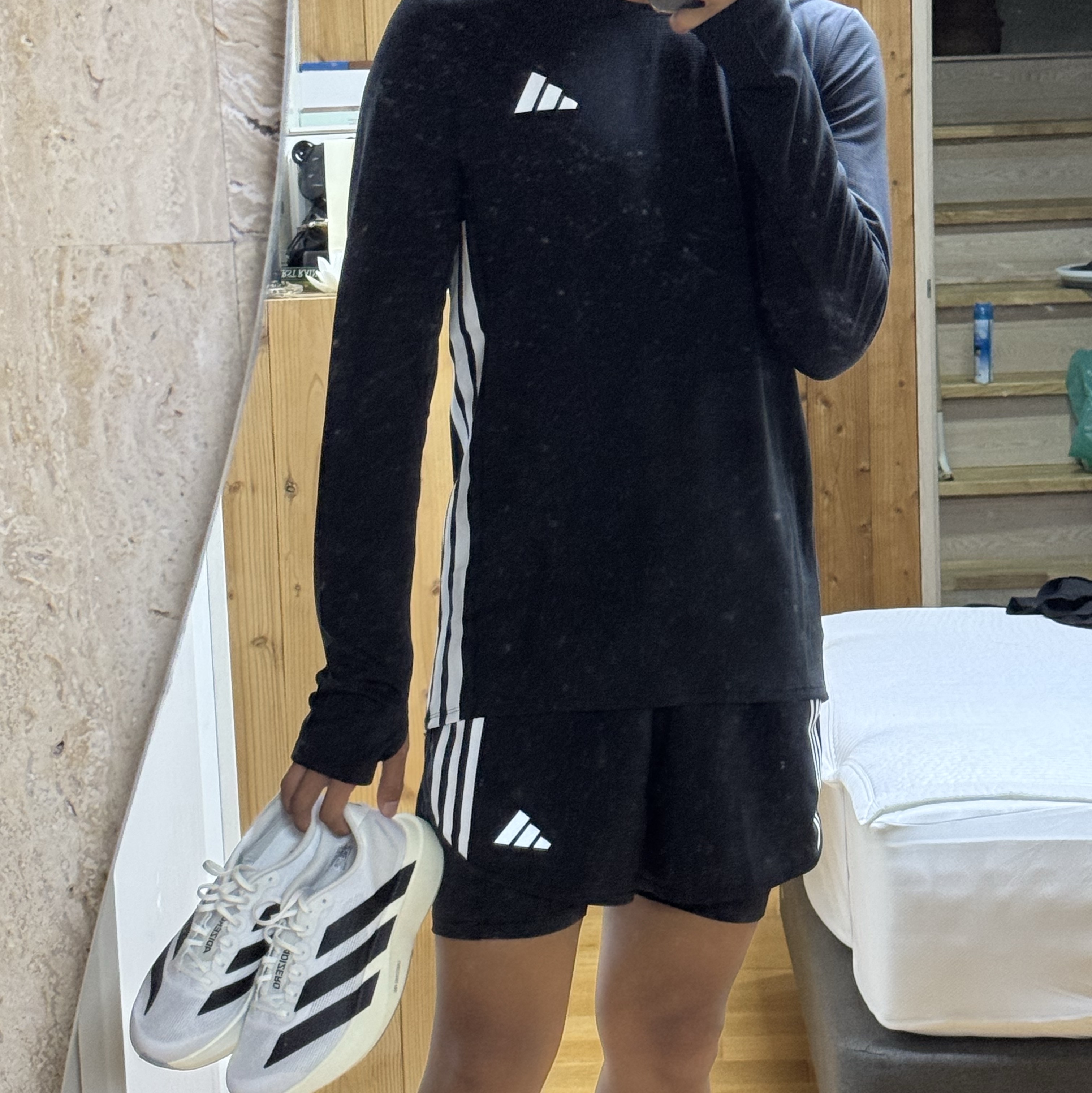 Adidas Adizero EVO SL Cloud White Core Black, Adidas Own The Run 3-Stripes 2-in-1 Shorts Black - KR Sizing 착용 스타일