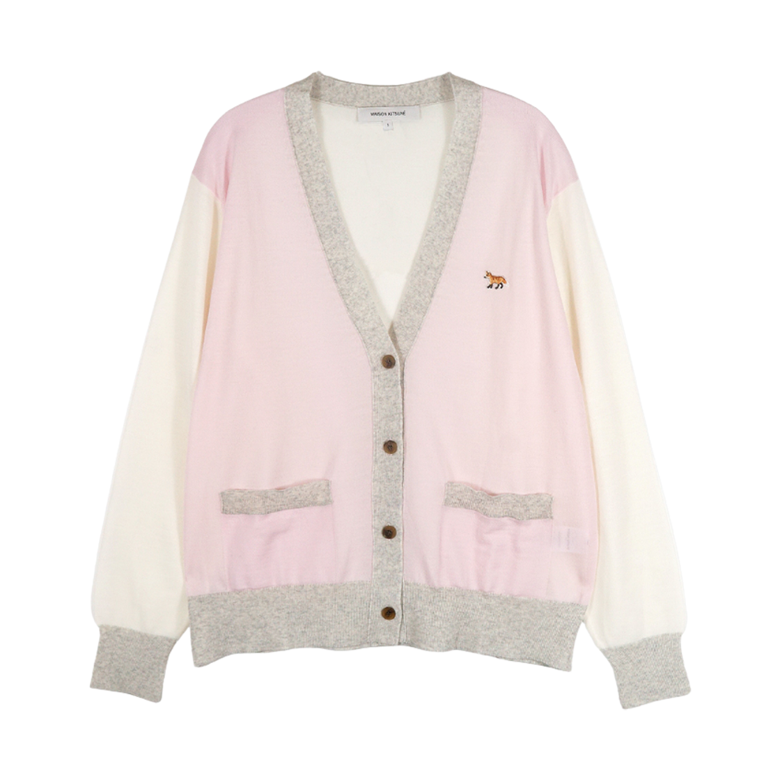 MW00505KT1036-P603 (W) Maison Kitsune Baby Fox Patch Color Block Cardigan Pale Pink