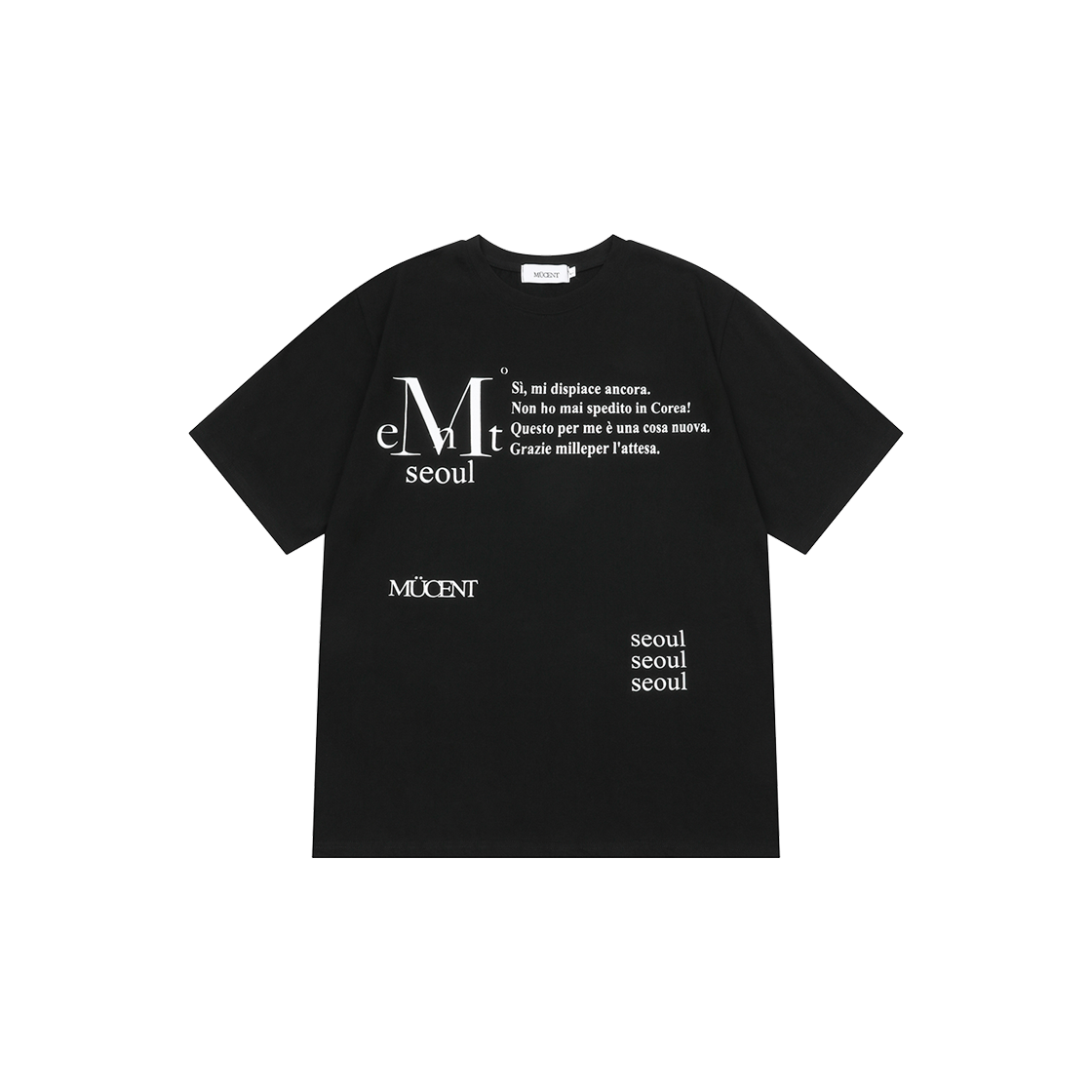 P0000BDU MUCENT Centerl Seoul Lettering R-Neck Half T Unisex Black