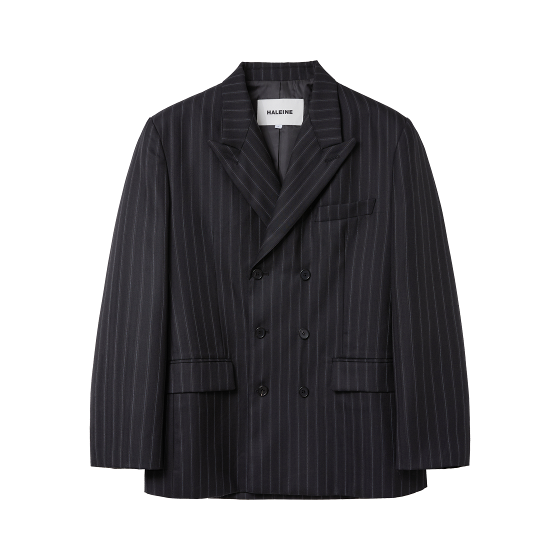 알렌느 스트럭쳐 핀스트라이프 더블 블레스트 자켓 블랙(Haleine Structured Pinstripe Double-Breasted Jacket Black (WJ316))