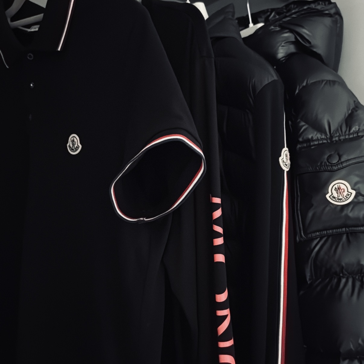 Moncler Padded Wool Hoodie Royal Blue - 24FW, Moncler Trim Cotton Piquet Polo Shirt Black - 25SS 착용 스타일