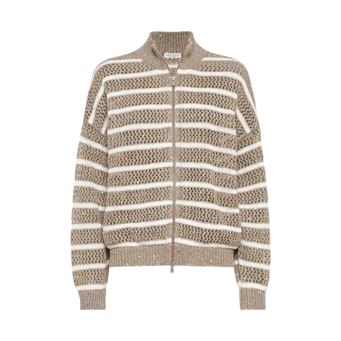 MCO558906-CKE88 (W) Brunello Cucinelli Linen Dazzling Striped Net Cardigan Biscuit