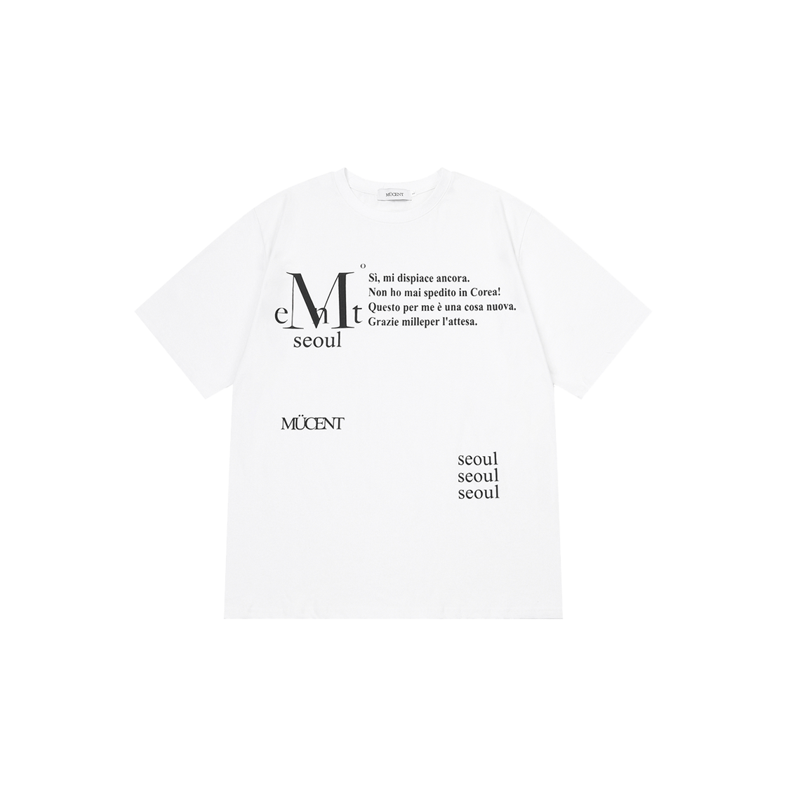 P0000BDU MUCENT Centerl Seoul Lettering R-Neck Half T Unisex White