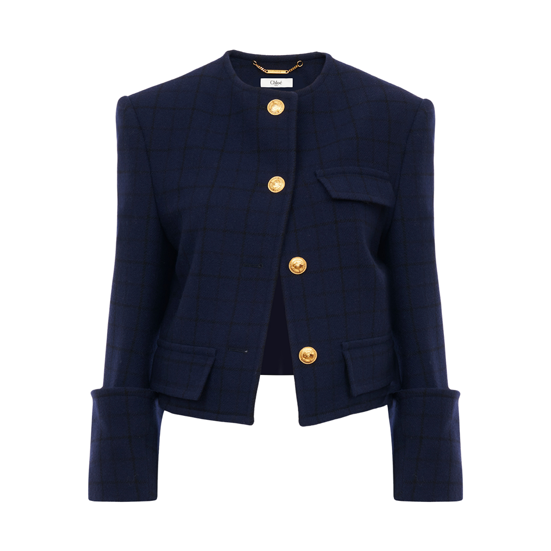 (W) 끌로에 박시 칼라리스 울 체크 자켓 다크 인디고((W) Chloe Boxy Collarless Jacket In Wool Check Dark Indigo)
