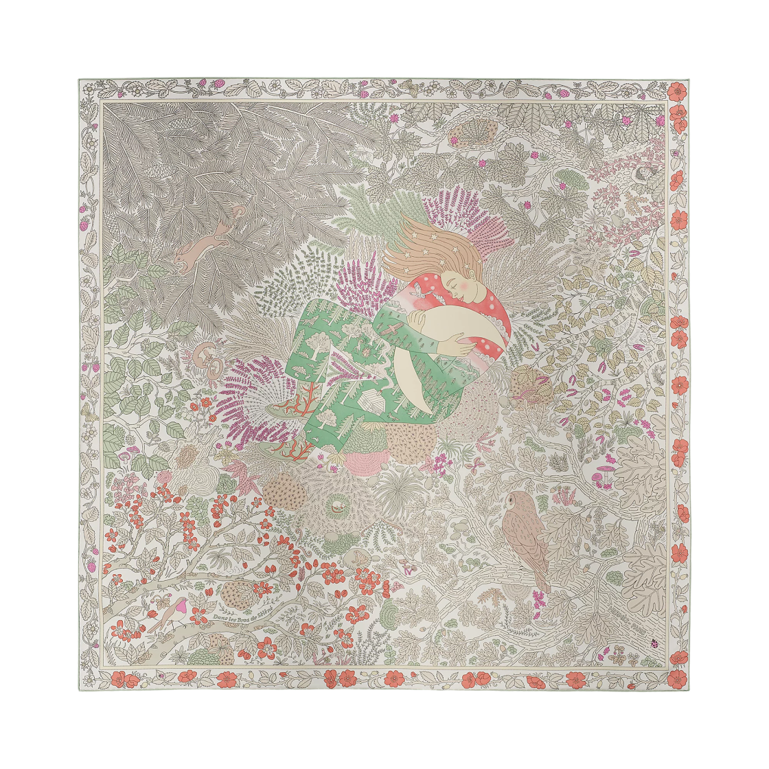 H004284S08 (W) Hermes Dans Les Bras De Selene Scarf 90 Blanc Rose Vert