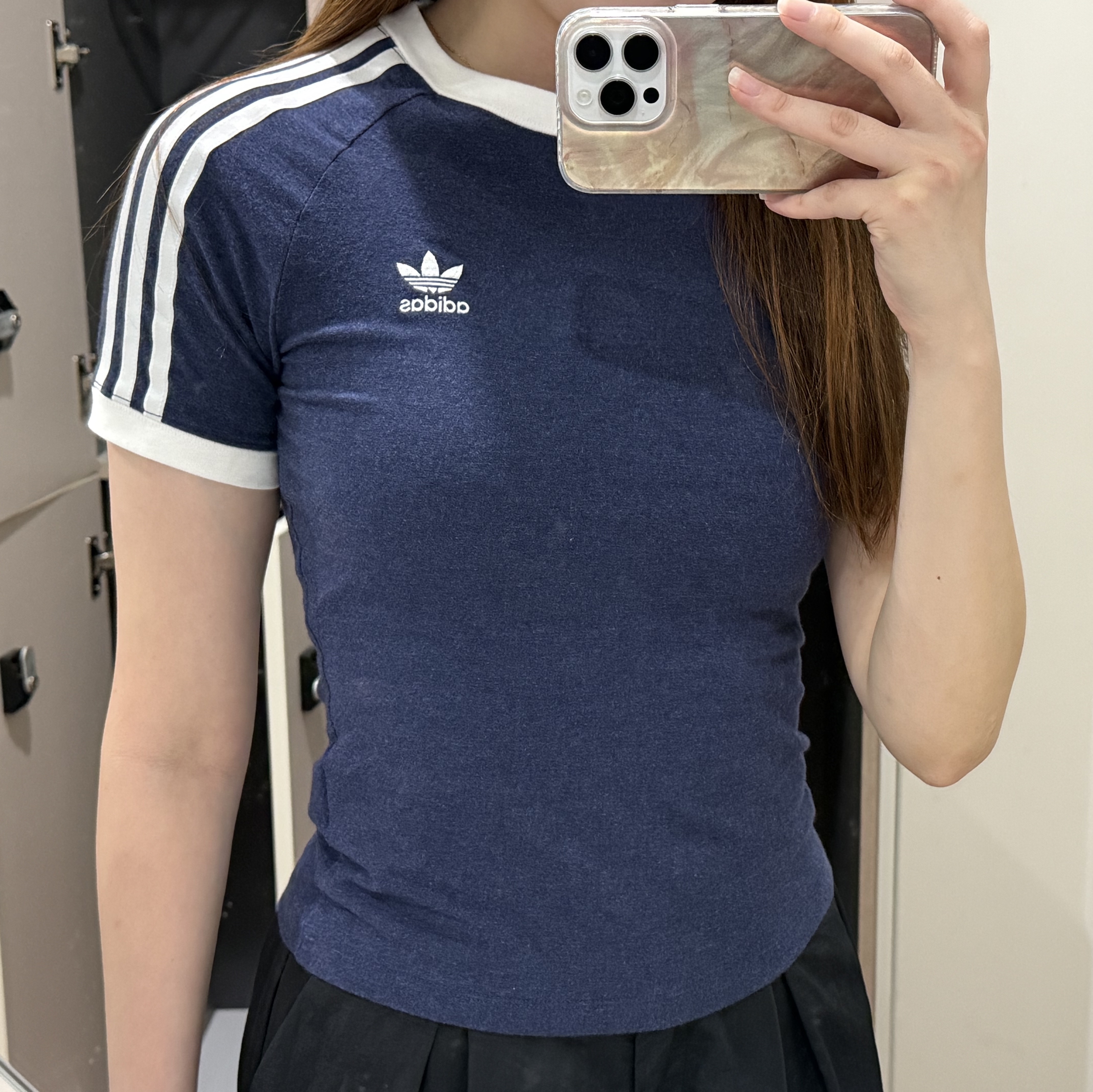 (W) Adidas 3-Stripes Slim Raglan T-Shirt Dark Blue Melange - KR Sizing 착용 스타일
