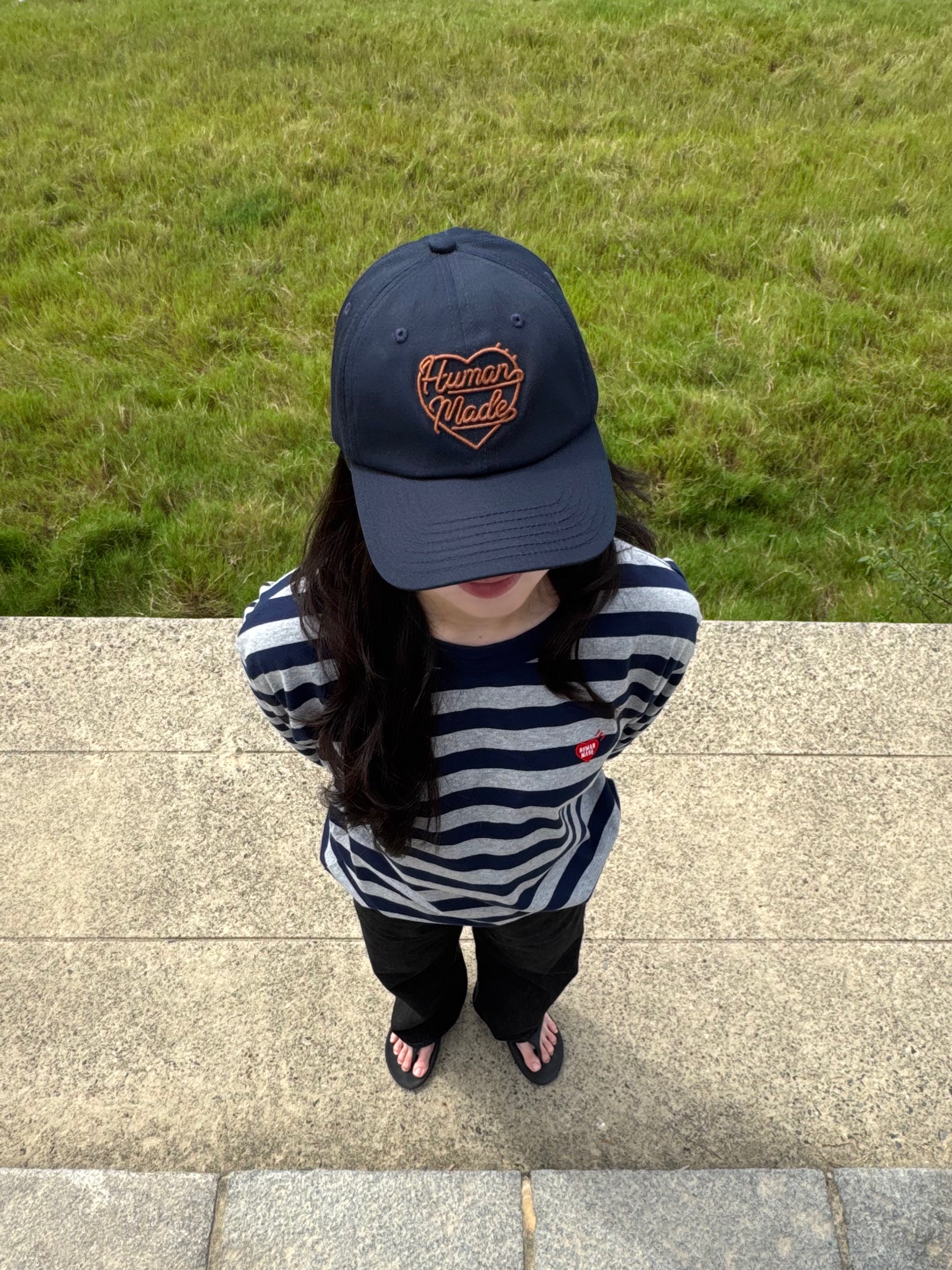 Human Made Striped L/S T-Shirt Gray, Human Made 6 Panel Twill Cap Navy 착용 스타일