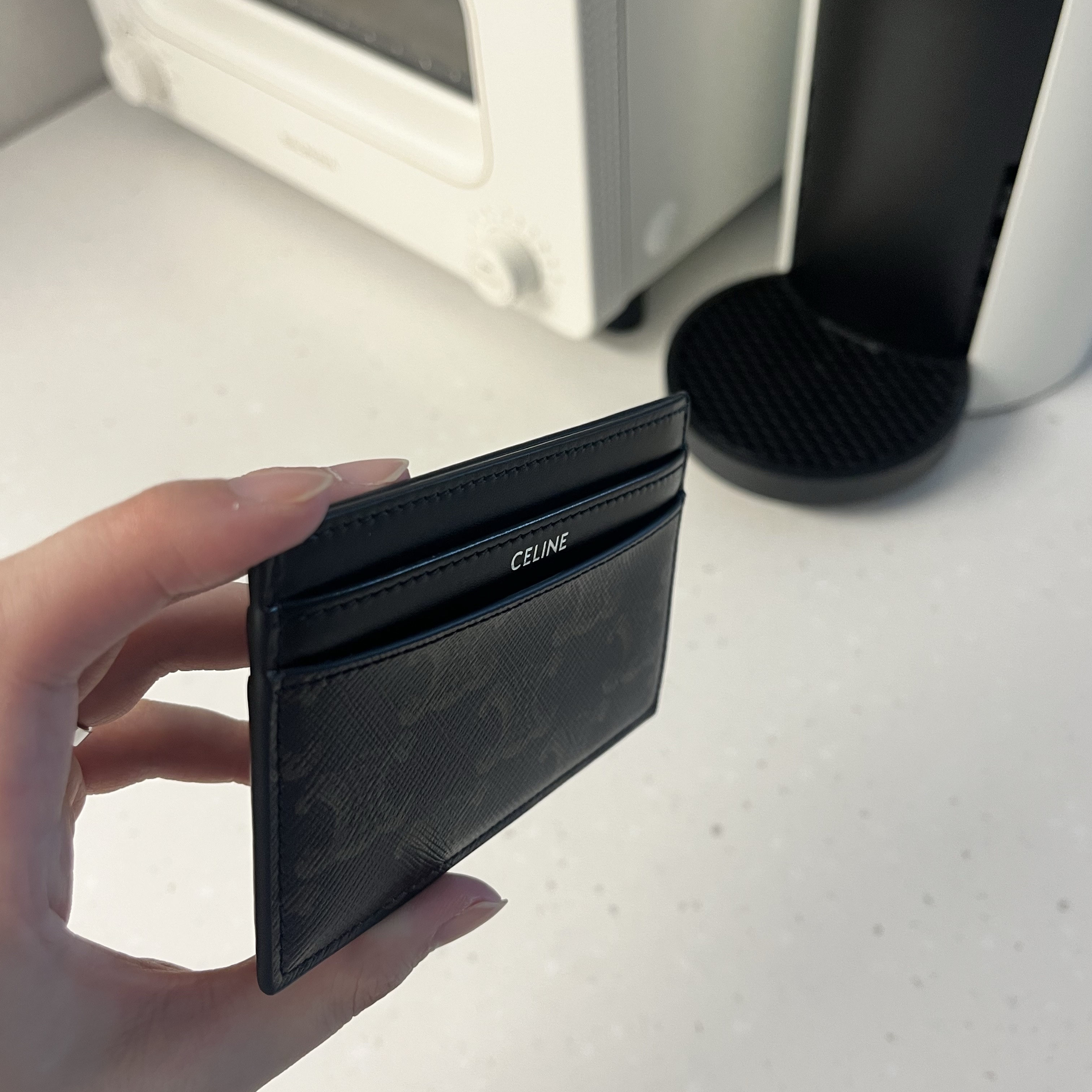 Celine Medium Card Holder in Triomphe Canvas and Calfskin Black 착용 스타일 - 2